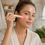 Woman using the Rinnovare Light during her morning skincare ritual