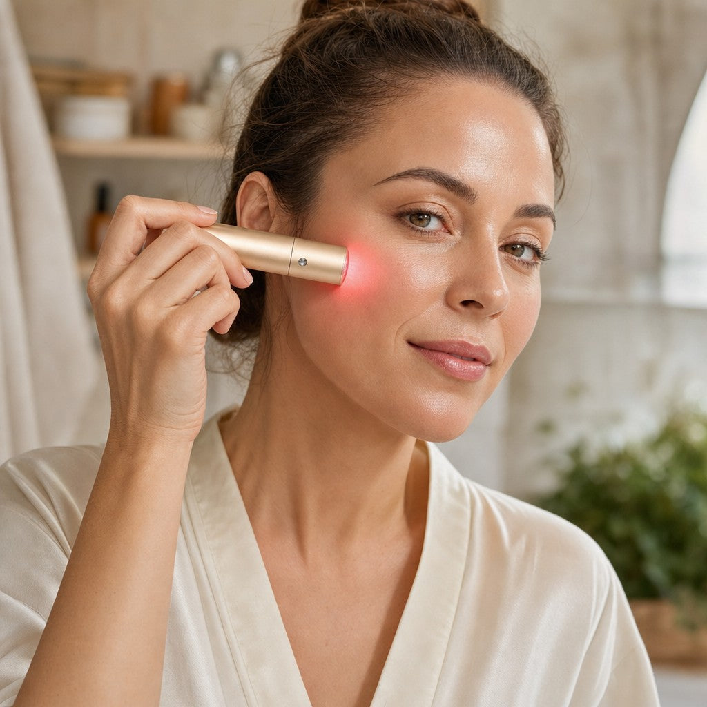 Woman using the Rinnovare Light during her morning skincare ritual